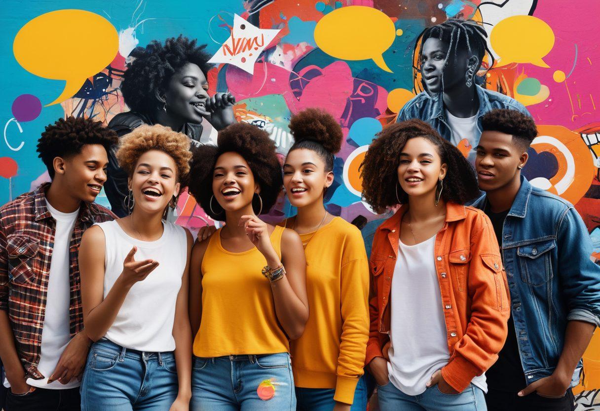 A vibrant digital collage showcasing a diverse group of young individuals engaged in lively discussions, surrounded by colorful speech bubbles depicting current trends and interests related to youth culture. The background should feature a graffiti-style mural symbolizing freedom and expression. Bright, eye-catching colors to convey energy and enthusiasm. super-realistic. vibrant colors. dynamic composition.