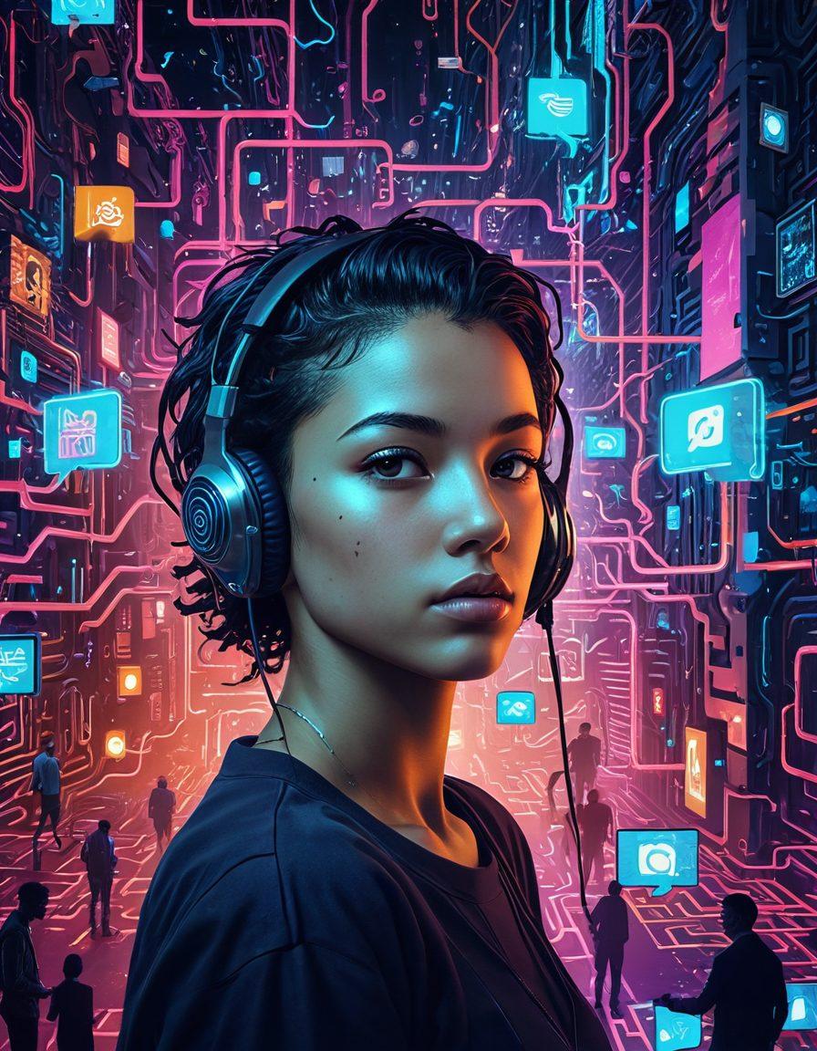 A dynamic digital collage featuring a maze representing the complexities of online discussions, with social media icons and chat bubbles interspersed. Include young figures navigating the maze, symbolizing diverse perspectives on trends. A backdrop of vibrant digital screens reflecting various aspects of digital culture. The overall tone should convey a sense of exploration and connection within the chaotic landscape of the internet. cyberpunk. vibrant colors. 3D.